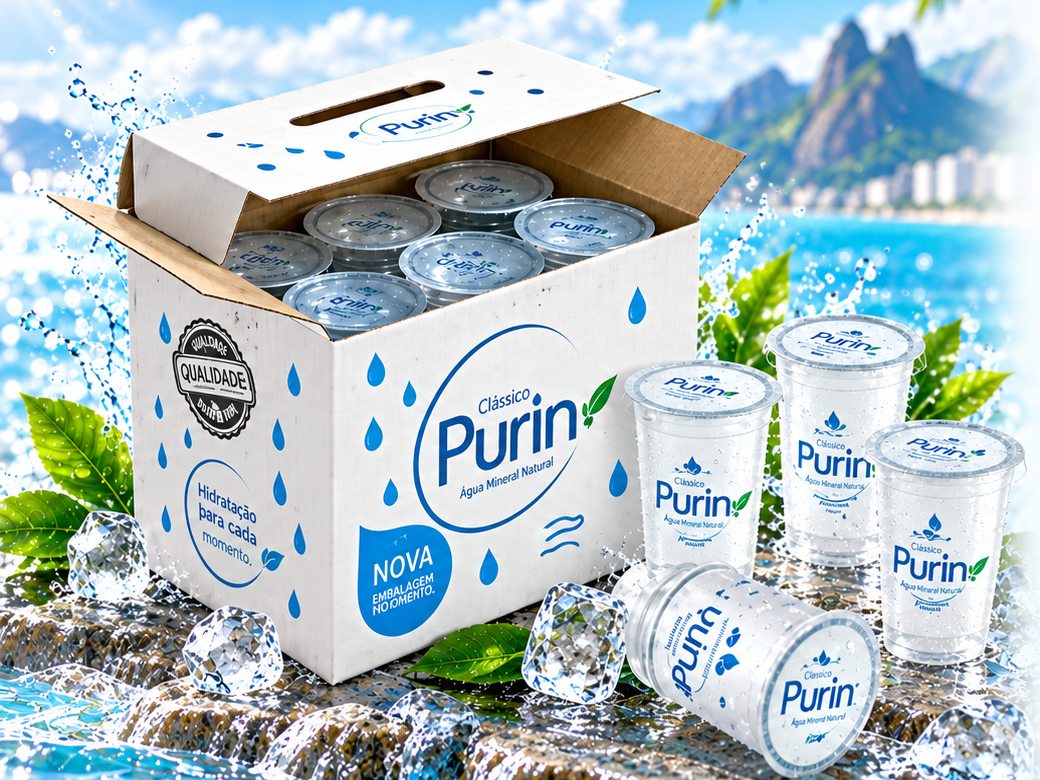 Caixa com copos de água mineral Purin de 200 ml