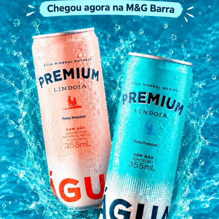 Latas de água mineral Lindóia Premium 355 ml, a rosa com gás e a azul sem gás