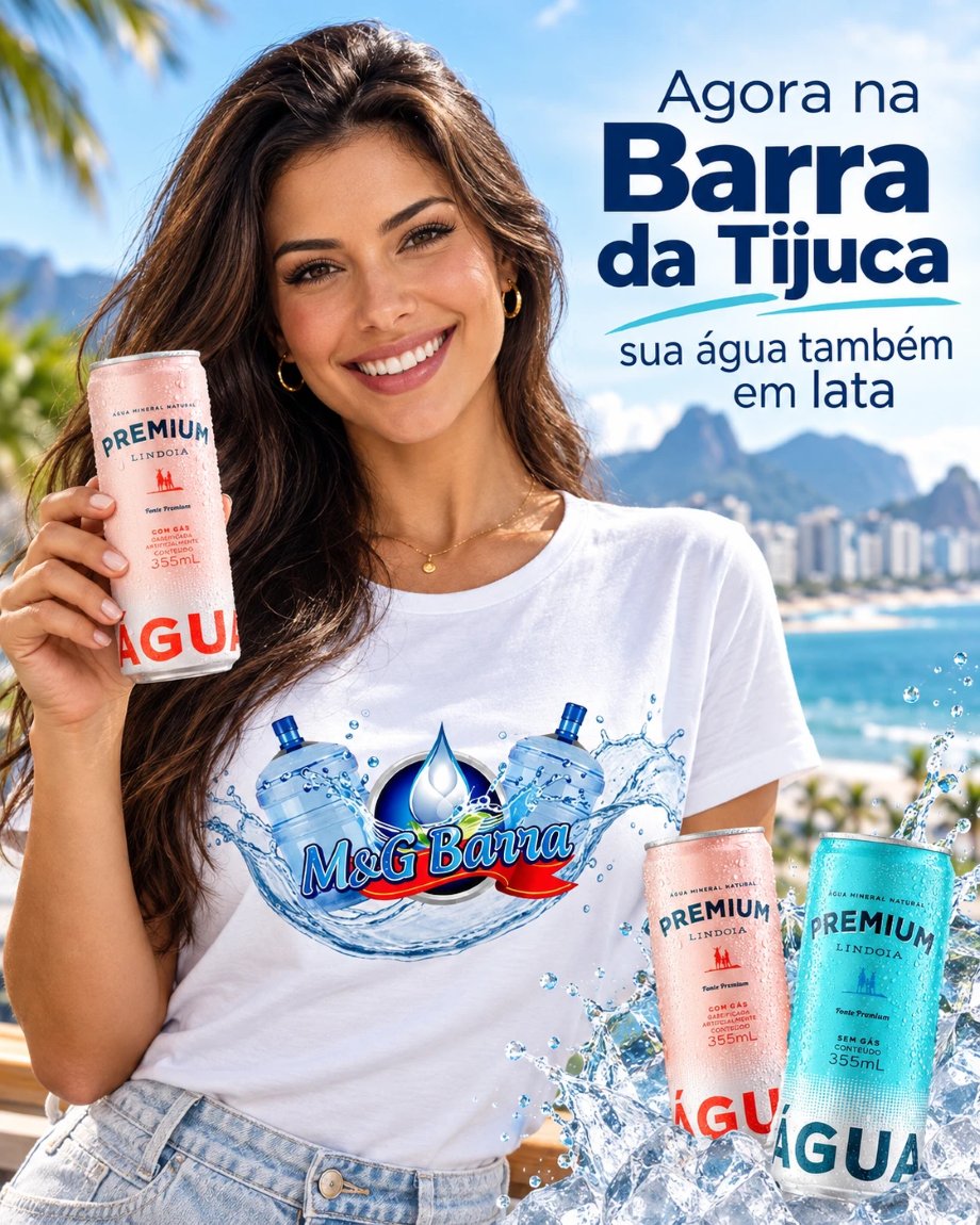 Mulher sorrindo com camiseta da M&G Barra segurando uma lata de água mineral Lindóia Premium, com a praia da Barra da Tijuca ao fundo