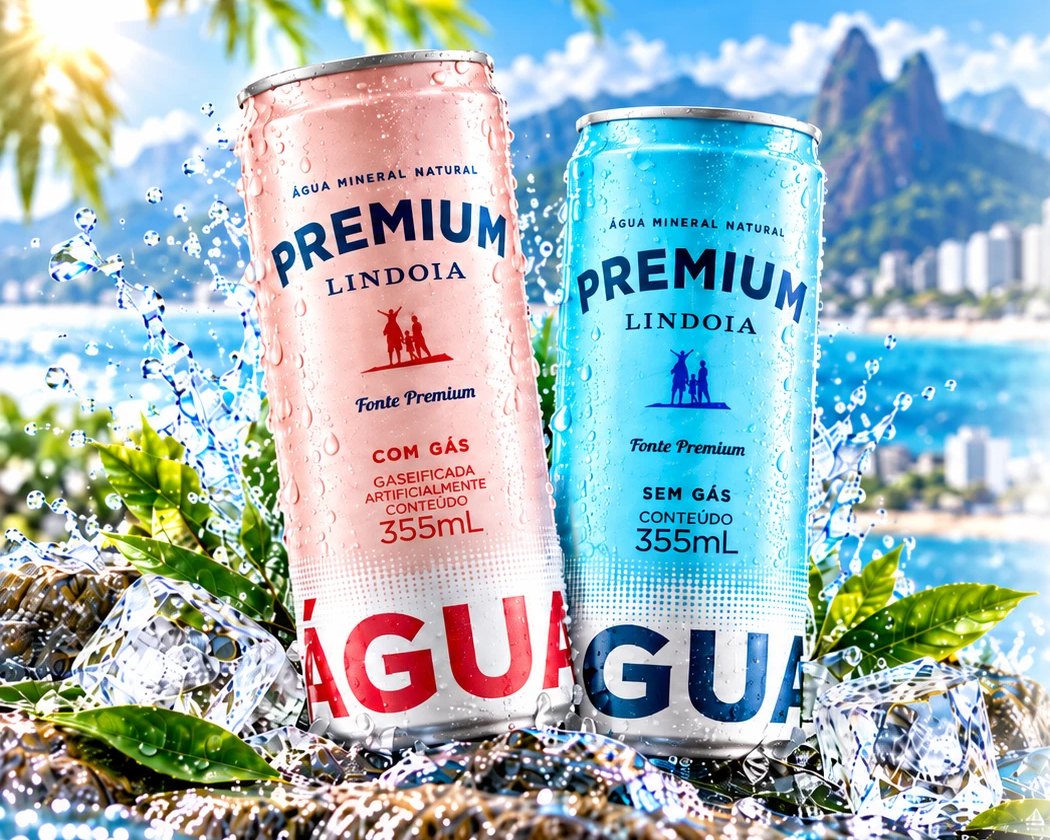 Latas de água mineral Lindóia Premium 355 ml, a rosa com gás e a azul sem gás, com a paisagem do Rio ao fundo