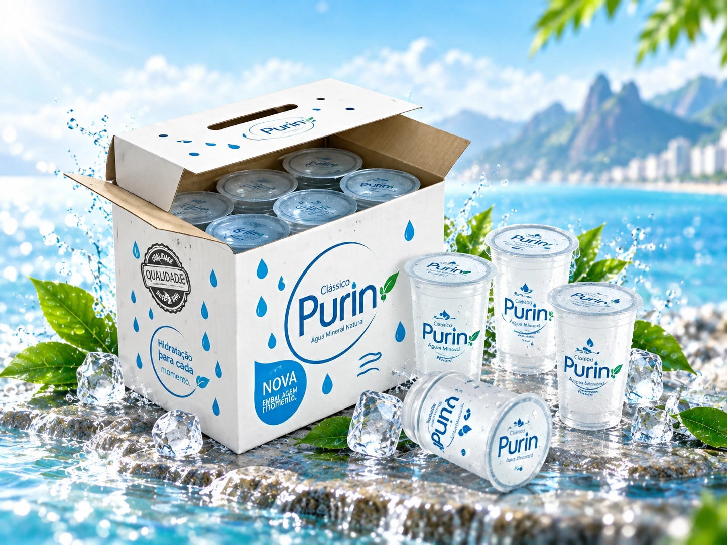 Caixa com copos de água mineral Purin de 200 ml